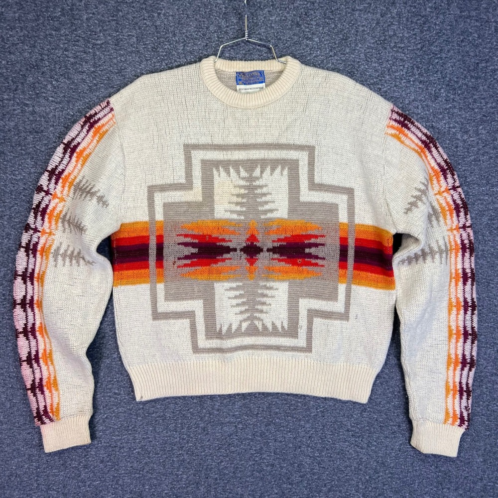 Pendleton Sweater Mens XL Ivory Orange Red Western Wool Geometric USA Aztec